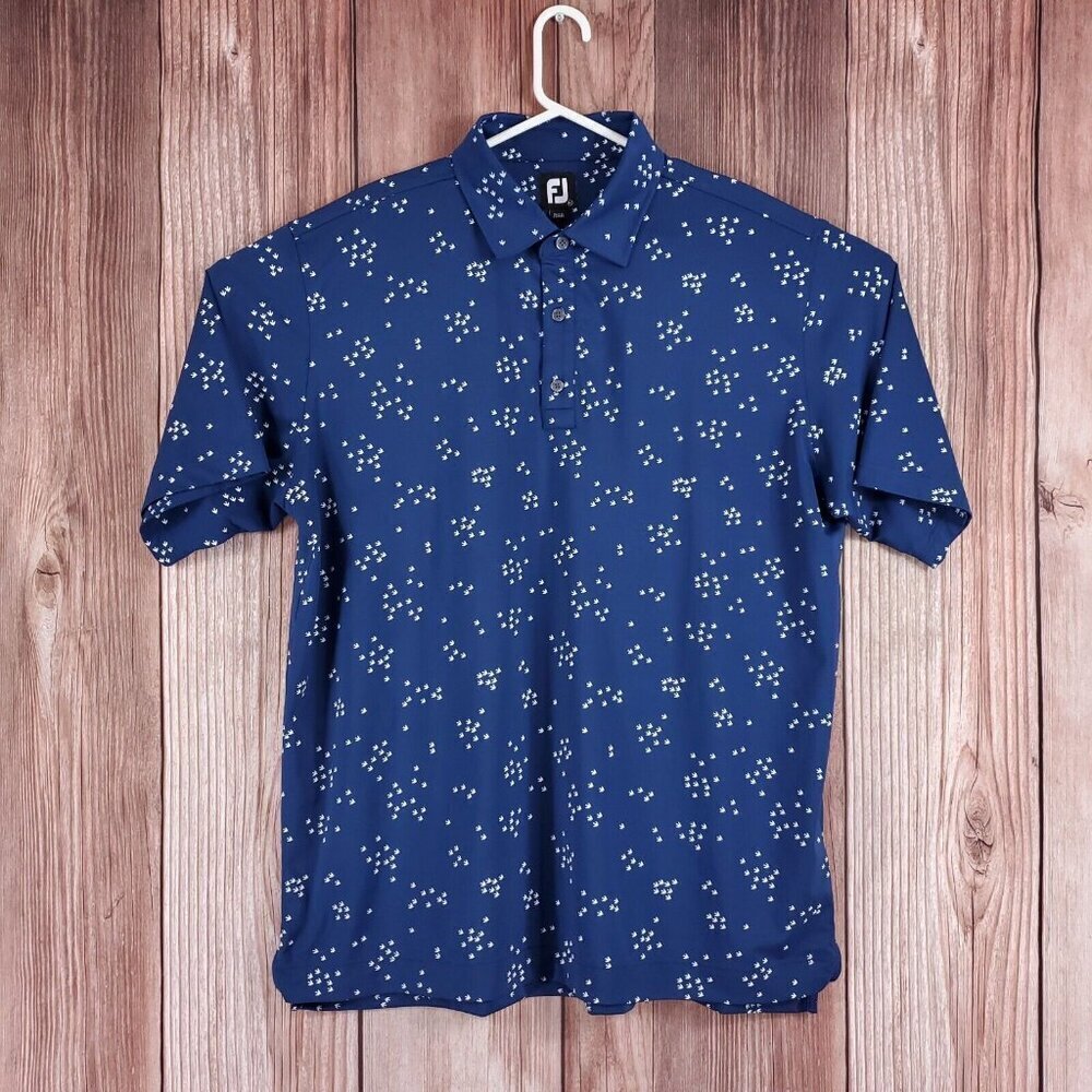 Footjoy FJ Mens Size XL Navy Blue Lisle Flock Of Birds Print SS Golf Polo Shirt